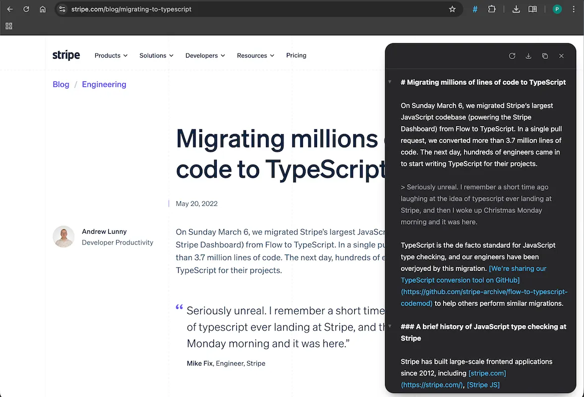 Plain Markdown extension converting a webpage to Markdown in the side panel editor