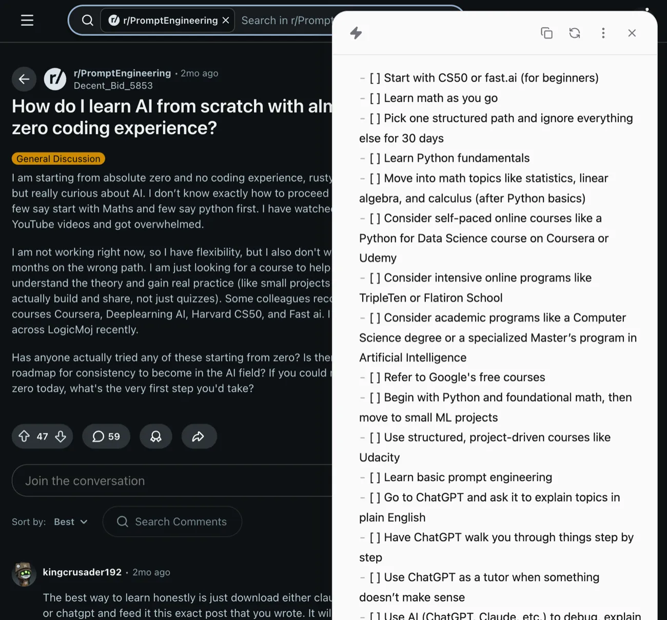 A long Reddit thread distilled into a clean, actionable checklist by Plain Markdown's AI actions