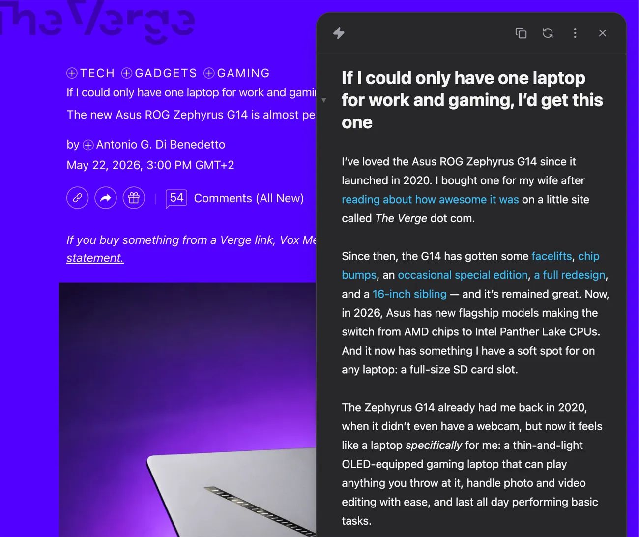 A cluttered Verge article reduced to clean, readable Markdown in the Plain Markdown side panel